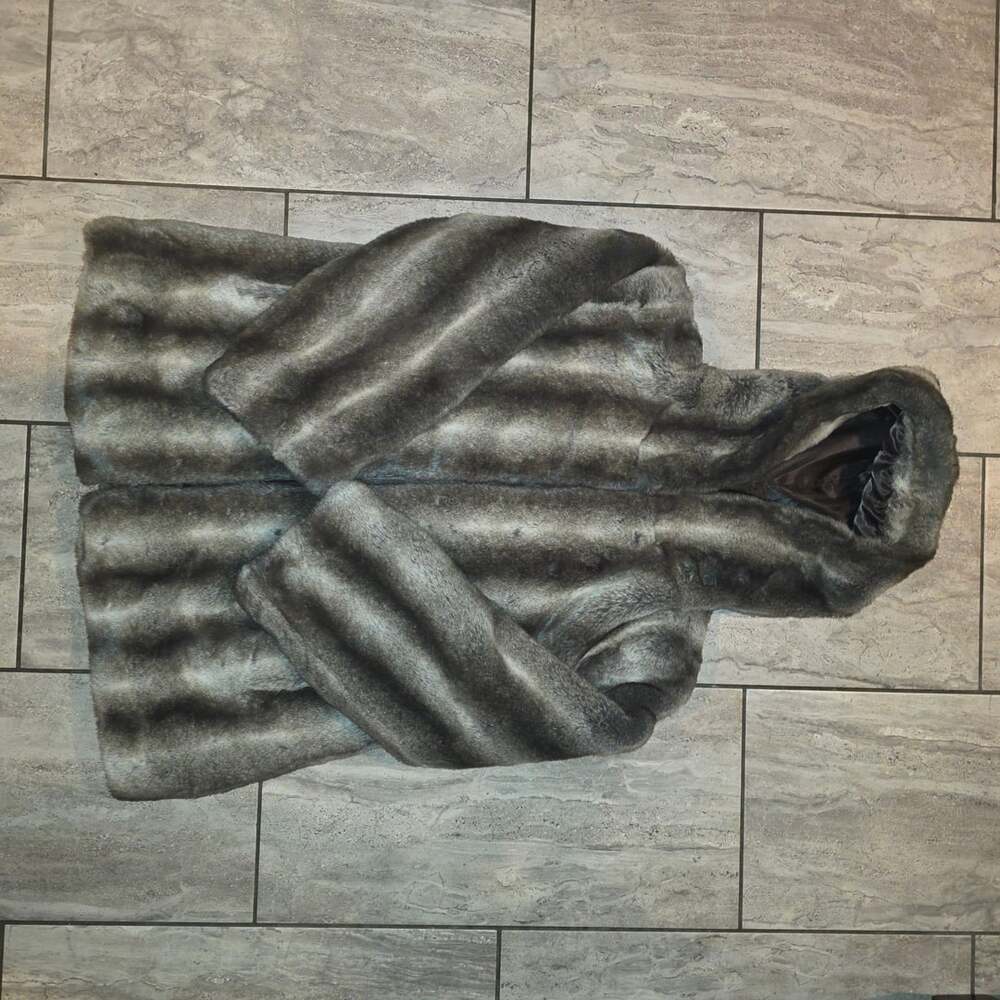 East 5th Faux Fur Hooded Jacket Size Medium Grey Striped
